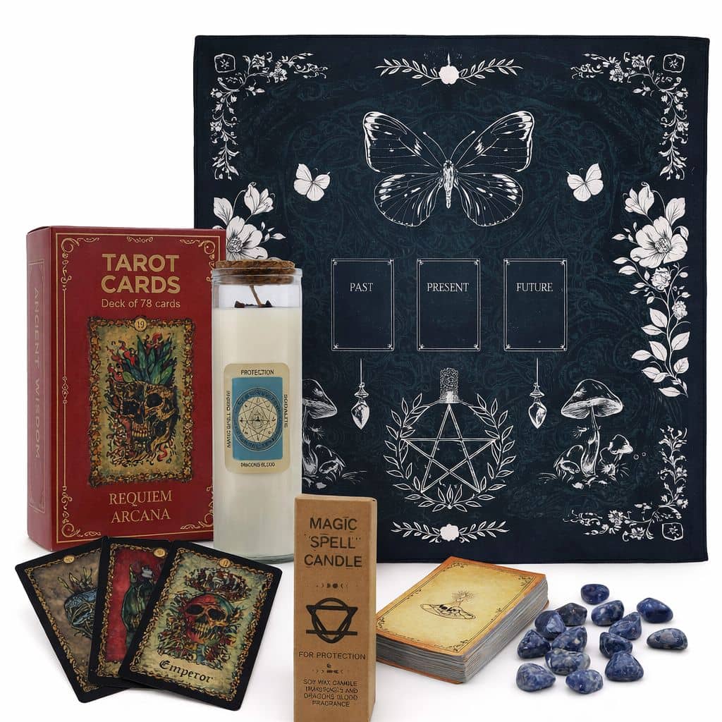 The Witch Ritual Kit with tarot cards, spell candle, and protective crystals