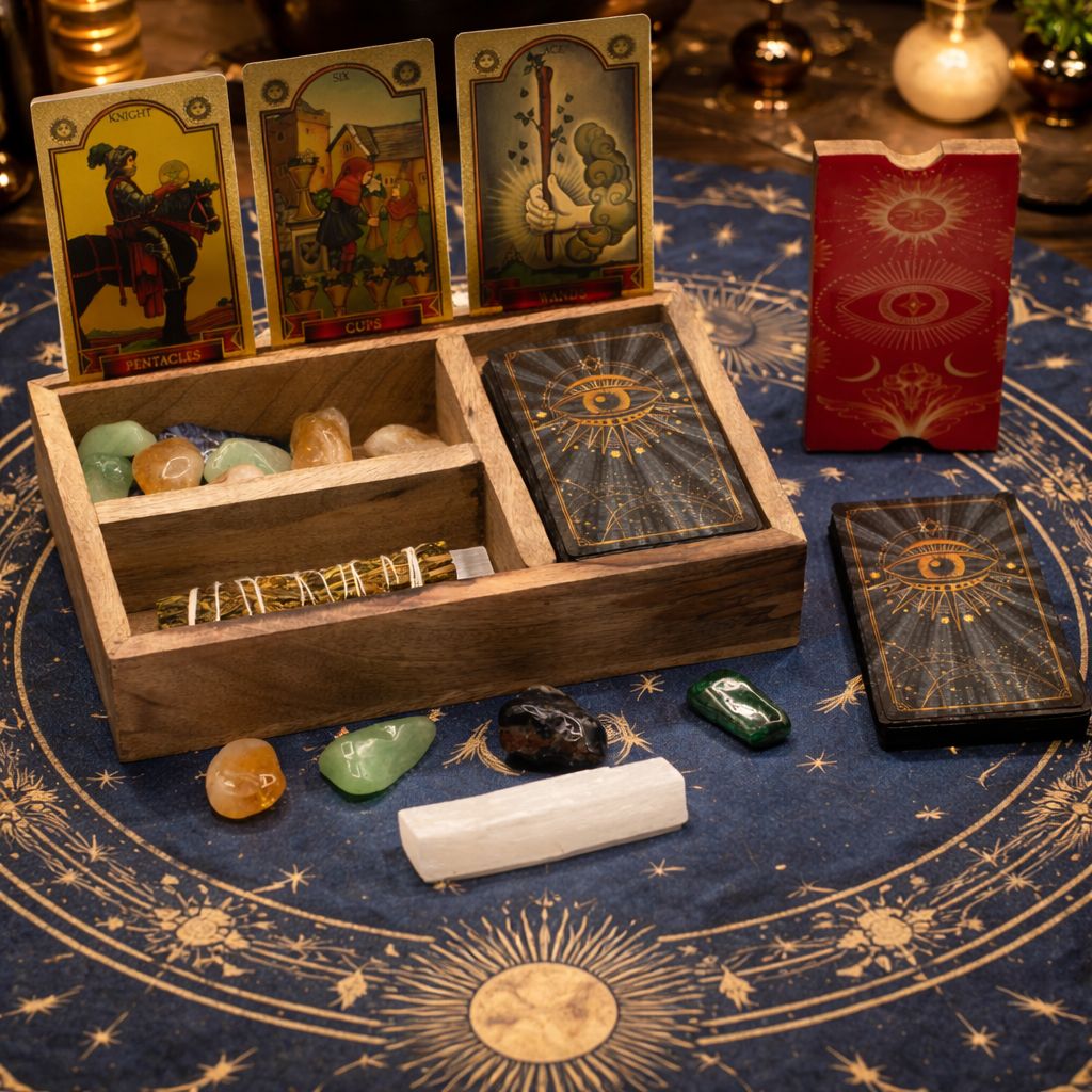 Three-Section Mango Wood Tarot Box with space for cards and crystals