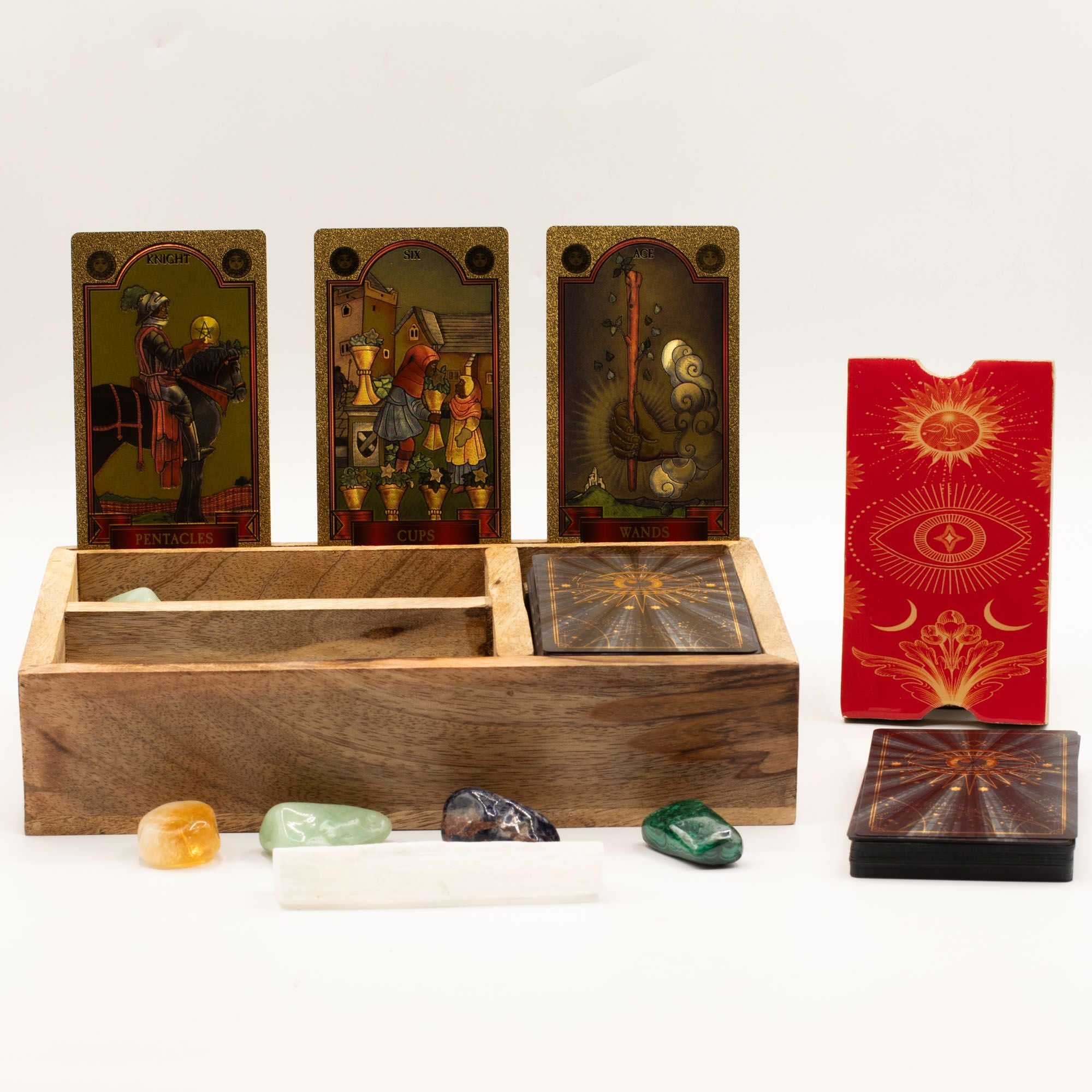 Three-Section Mango Wood Tarot Box for card storage and readings
