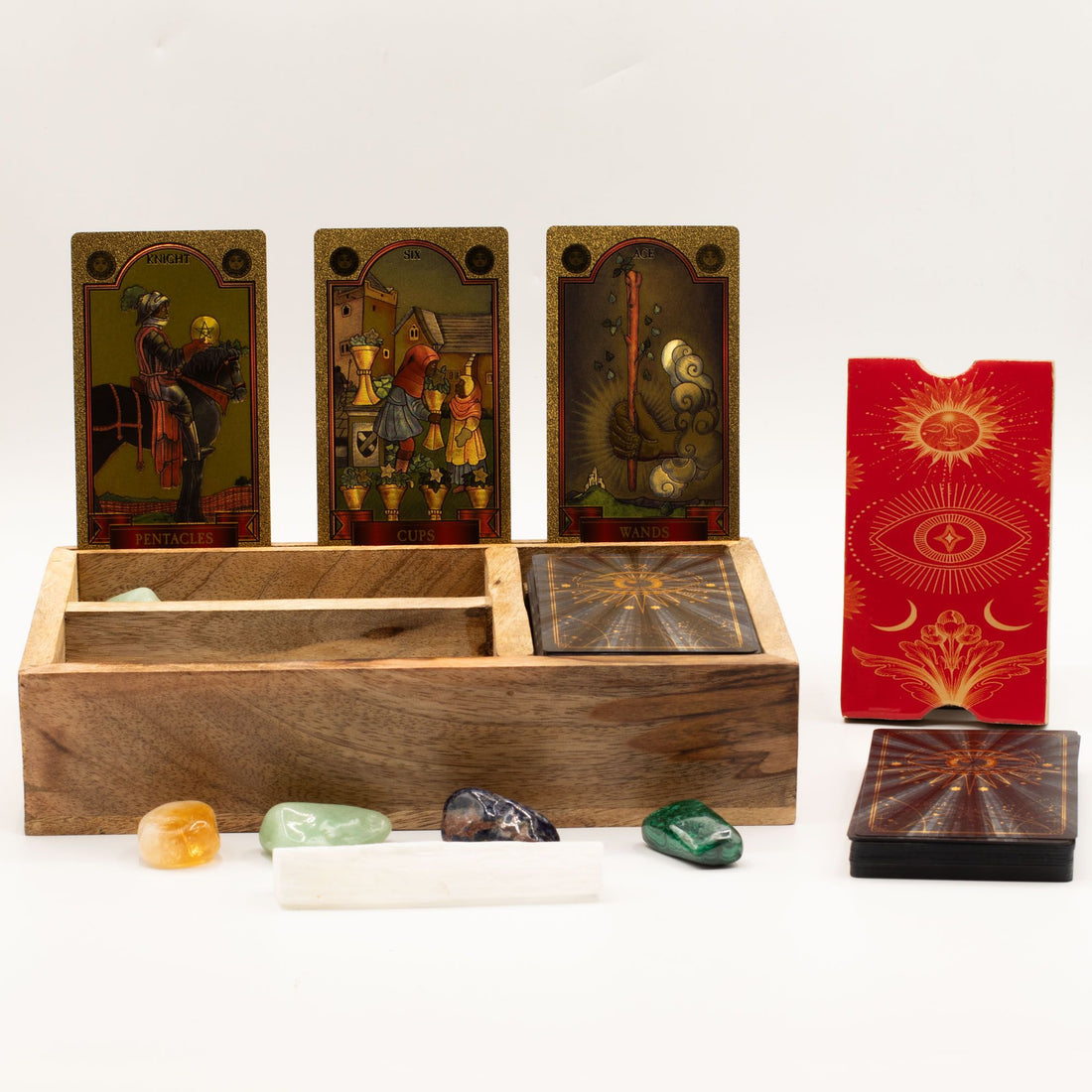Three-Section Mango Wood Tarot Box for card storage and readings