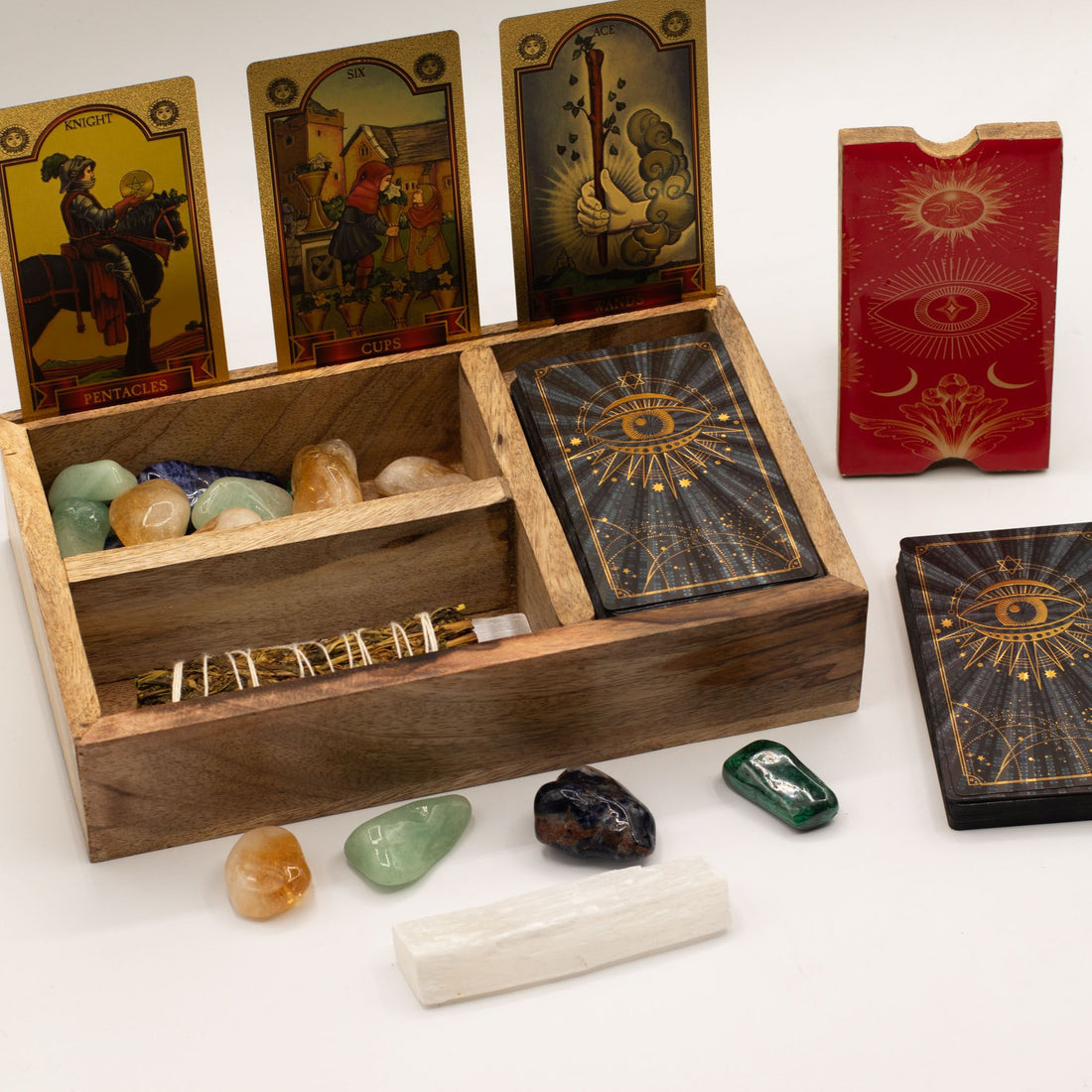 Three-Section Mango Wood Tarot Box with storage for cards and crystals
