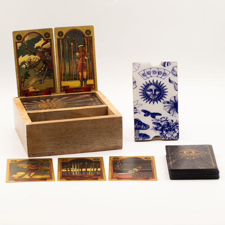 Two-Section Tarot Box in wood with decorative cards inside for organized readings