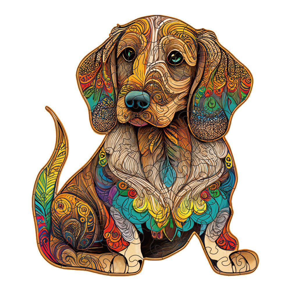 Arts And More colorful unique wood toy dog puzzle with intricate artistic patterns