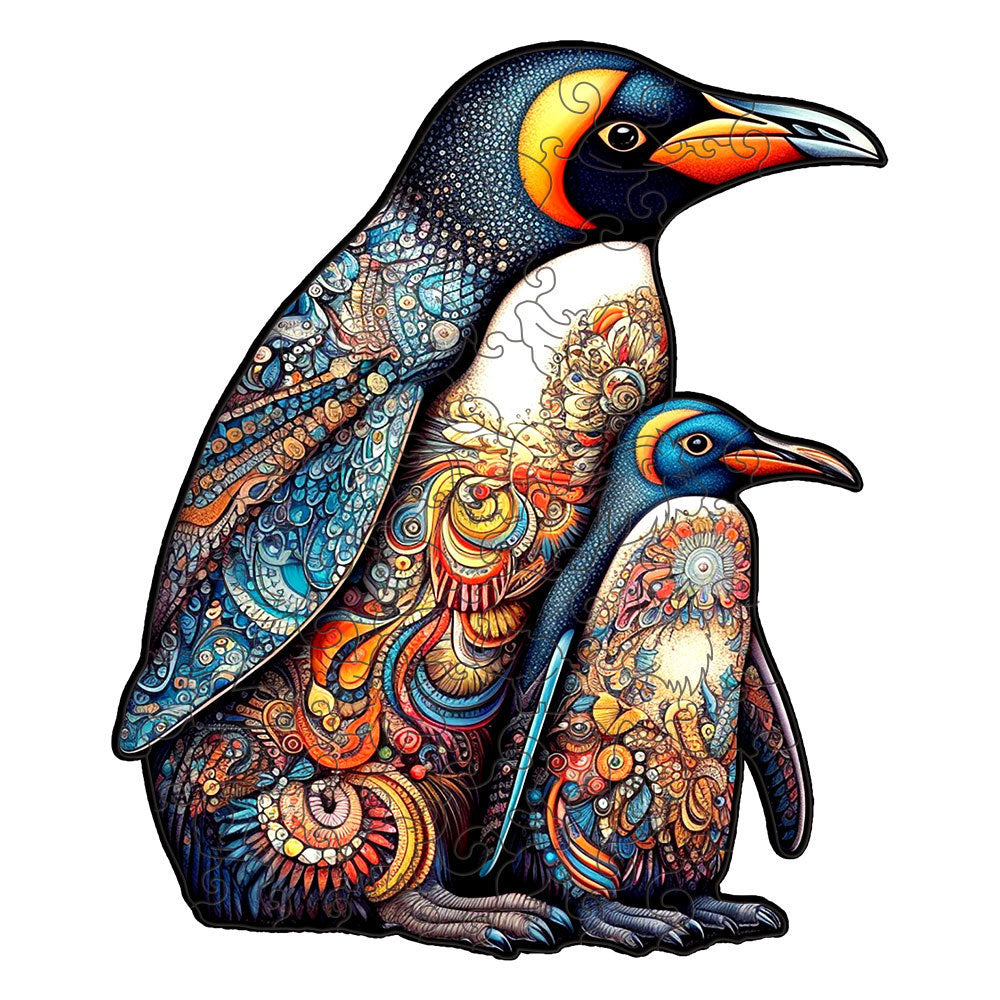 Arts And More unique wood toy featuring two intricately painted penguins with colorful artistic patterns
