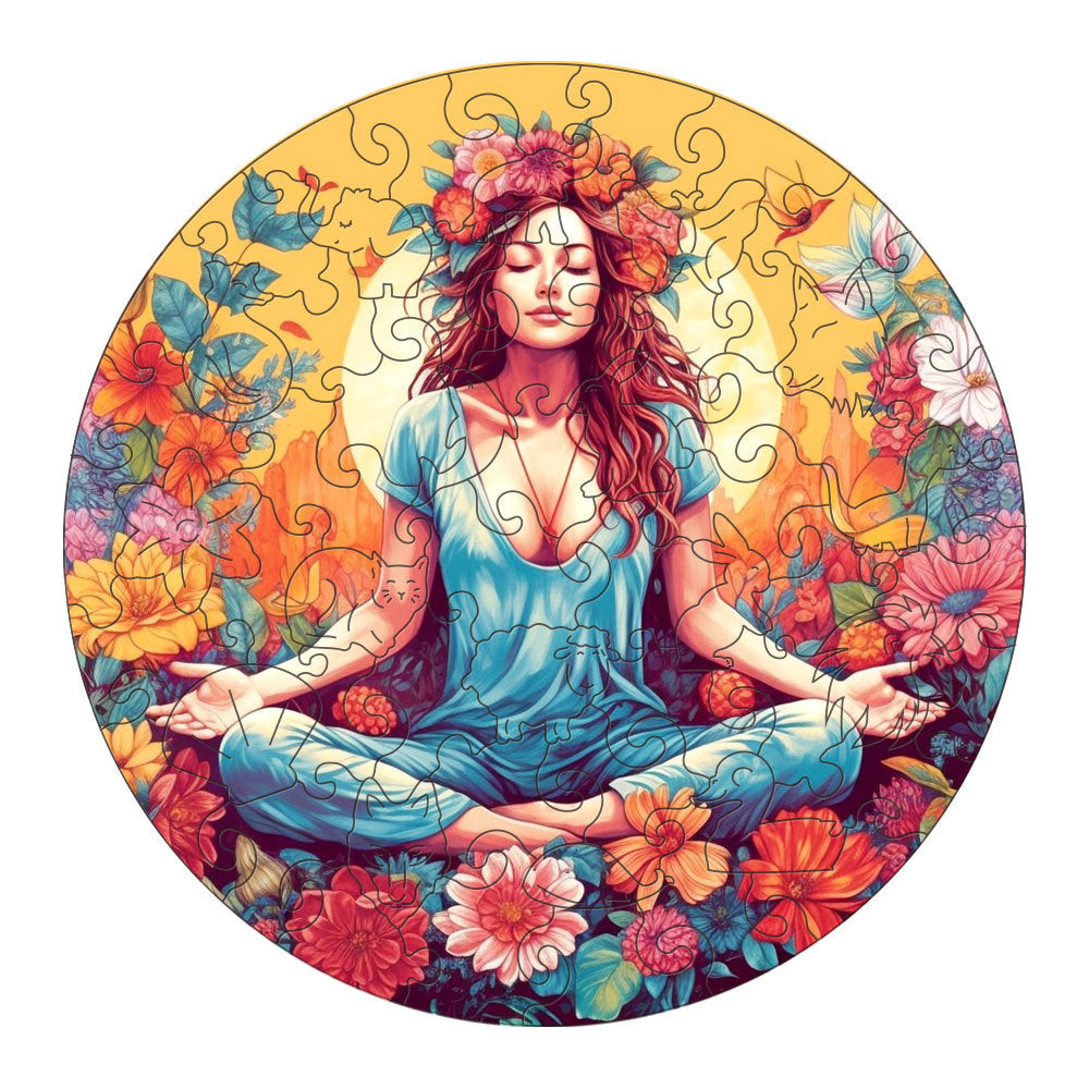 Unique Wood Toy puzzle featuring a meditating woman surrounded by colorful flowers in vibrant art style