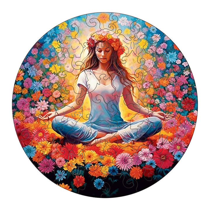 Unique Wood Toy arts and crafts kit featuring a colorful round puzzle with a meditating woman surrounded by vibrant flowers