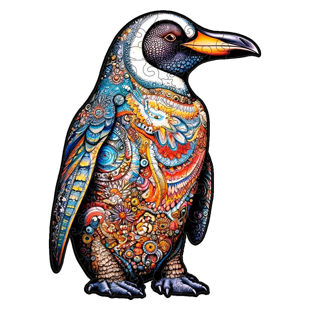 Intricately painted Unique Wood Toy penguin with vibrant floral and geometric designs from Arts And More