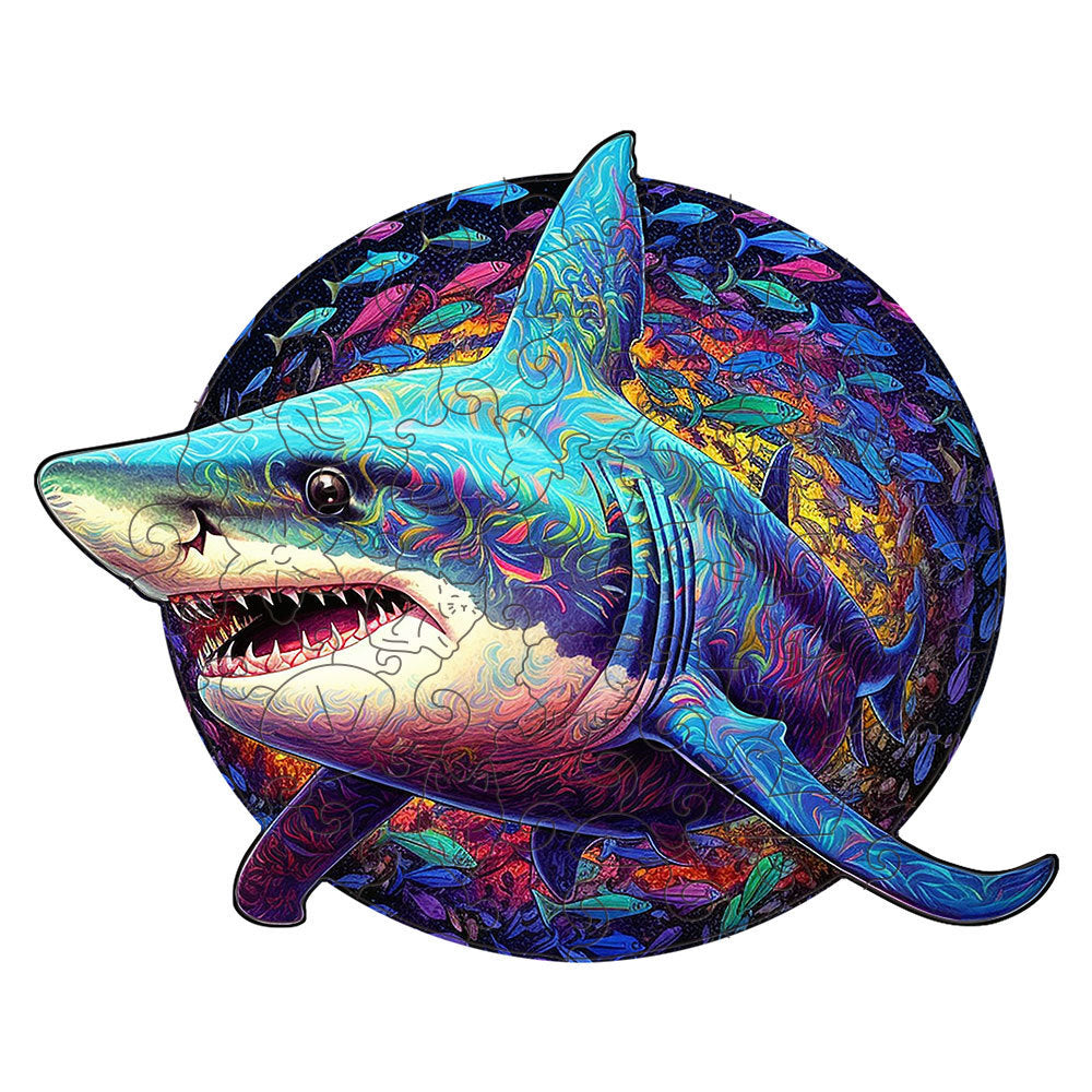 Arts And More unique wood toy featuring a colorful shark design surrounded by vibrant fish