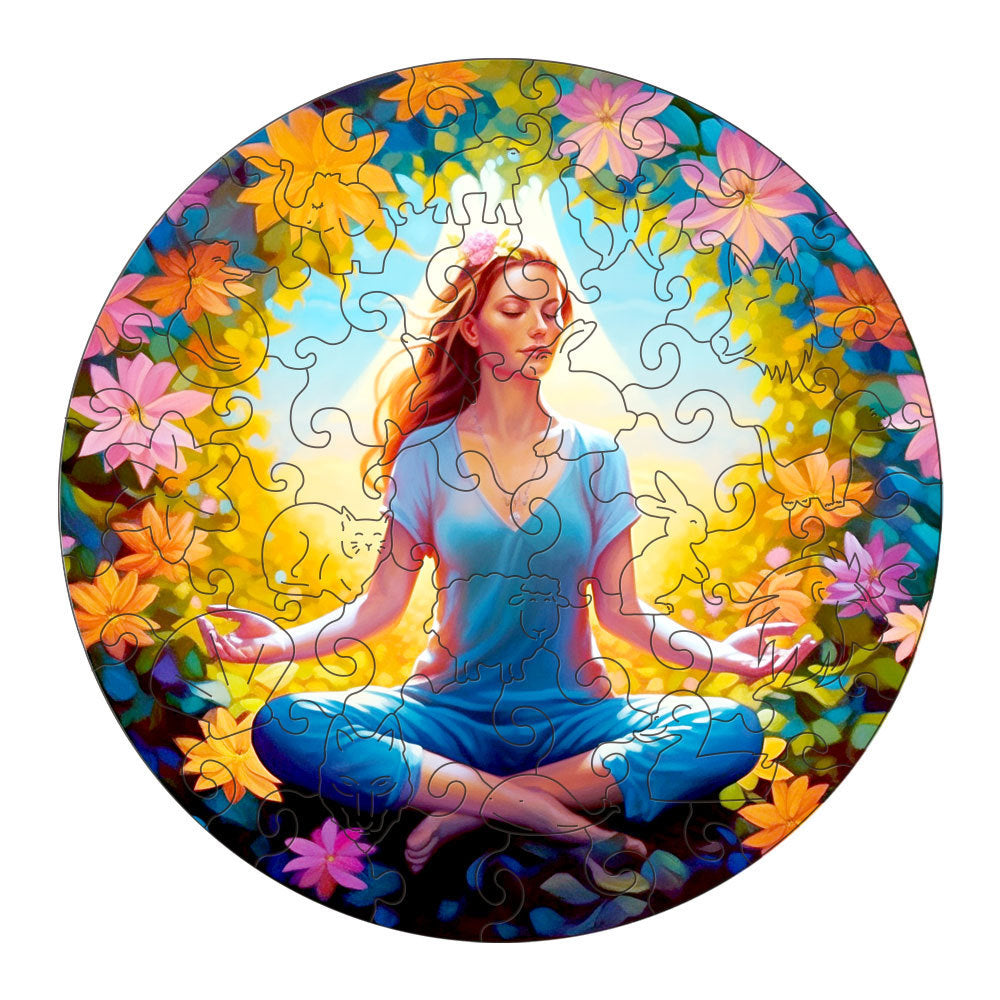 Unique Wood Toy circular puzzle featuring a woman meditating surrounded by colorful flowers and animals