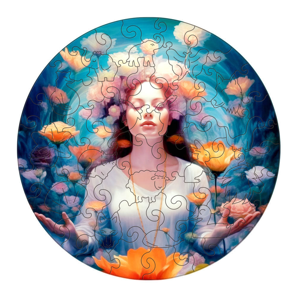 Unique wood toy circular puzzle featuring a woman surrounded by colorful flowers and sky background
