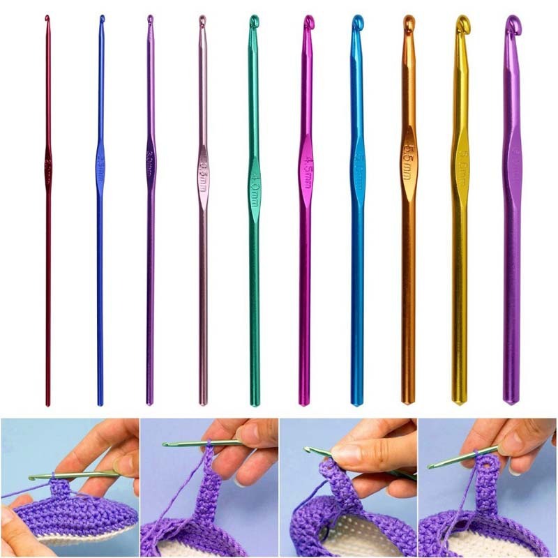 Arts And More colorful crochet set with 10 aluminum hooks and step-by-step crocheting process