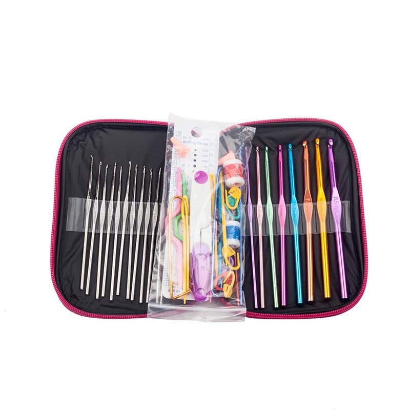 Arts And More crochet set with colorful aluminum hooks and various crochet accessories in black zip case