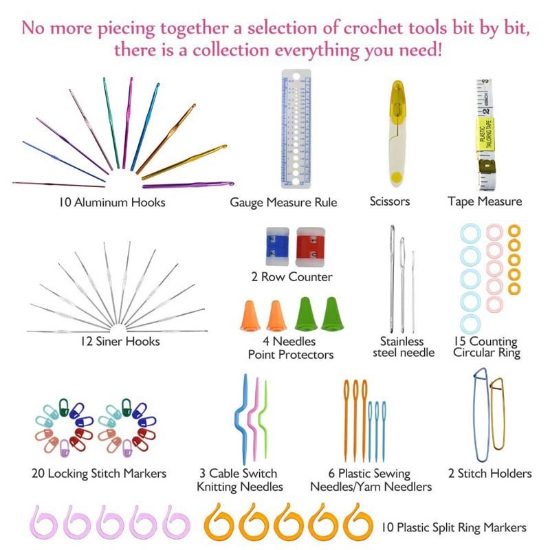 Arts And More crochet set with hooks, needles, stitch markers, scissors, tape measure, and other crochet tools