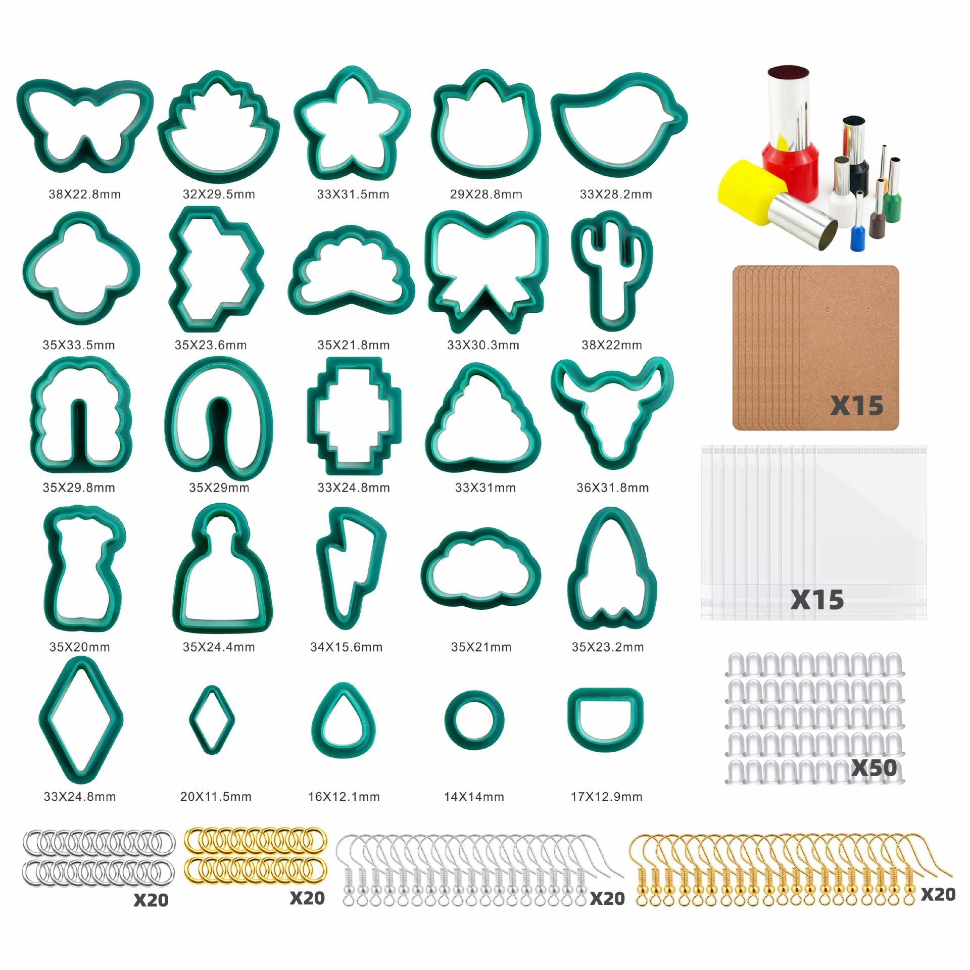 Arts And More Cutter Mold Set with various green shaped cutters and crafting tools for DIY projects