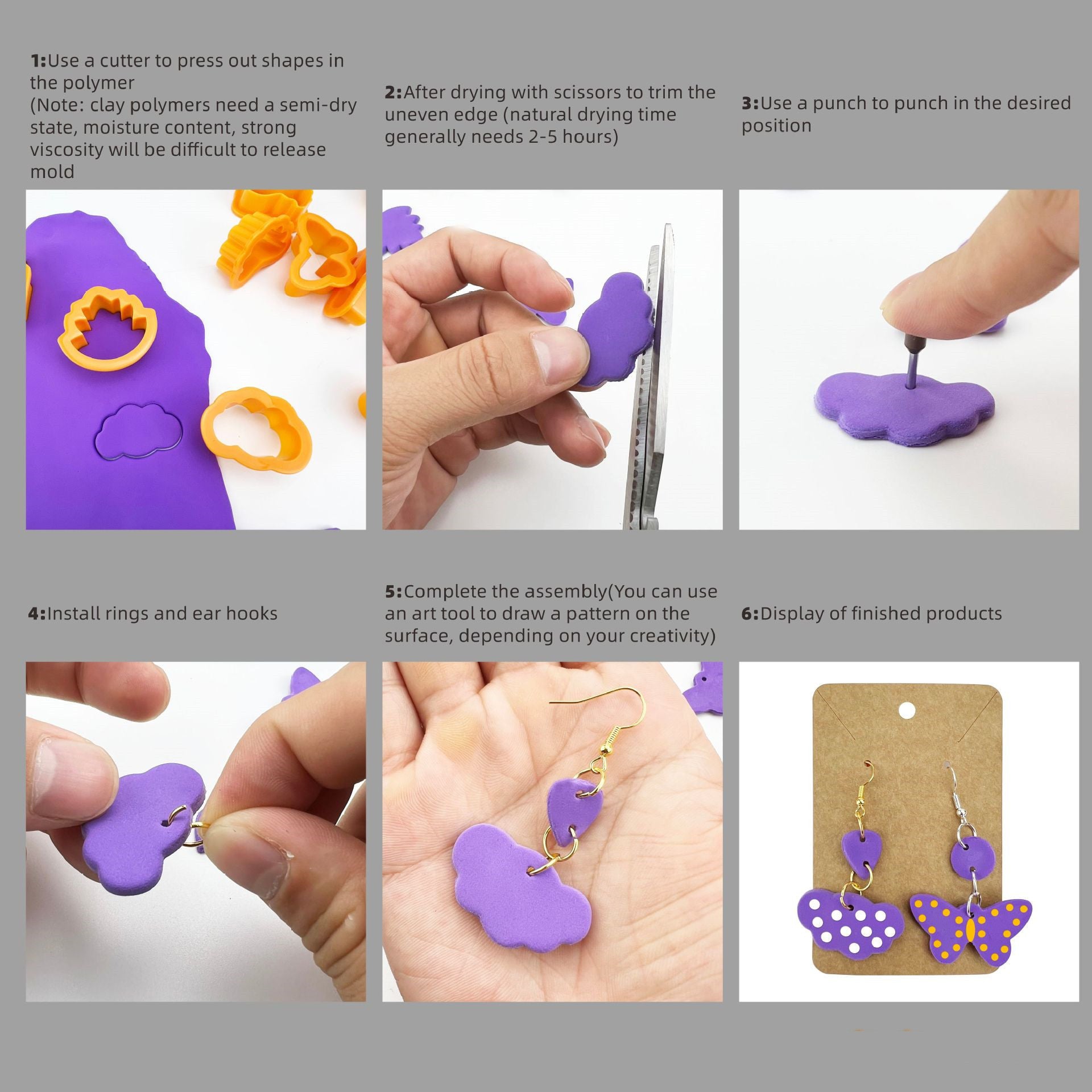 Arts and More Cutter Mold Set used for shaping and assembling purple polymer clay earrings