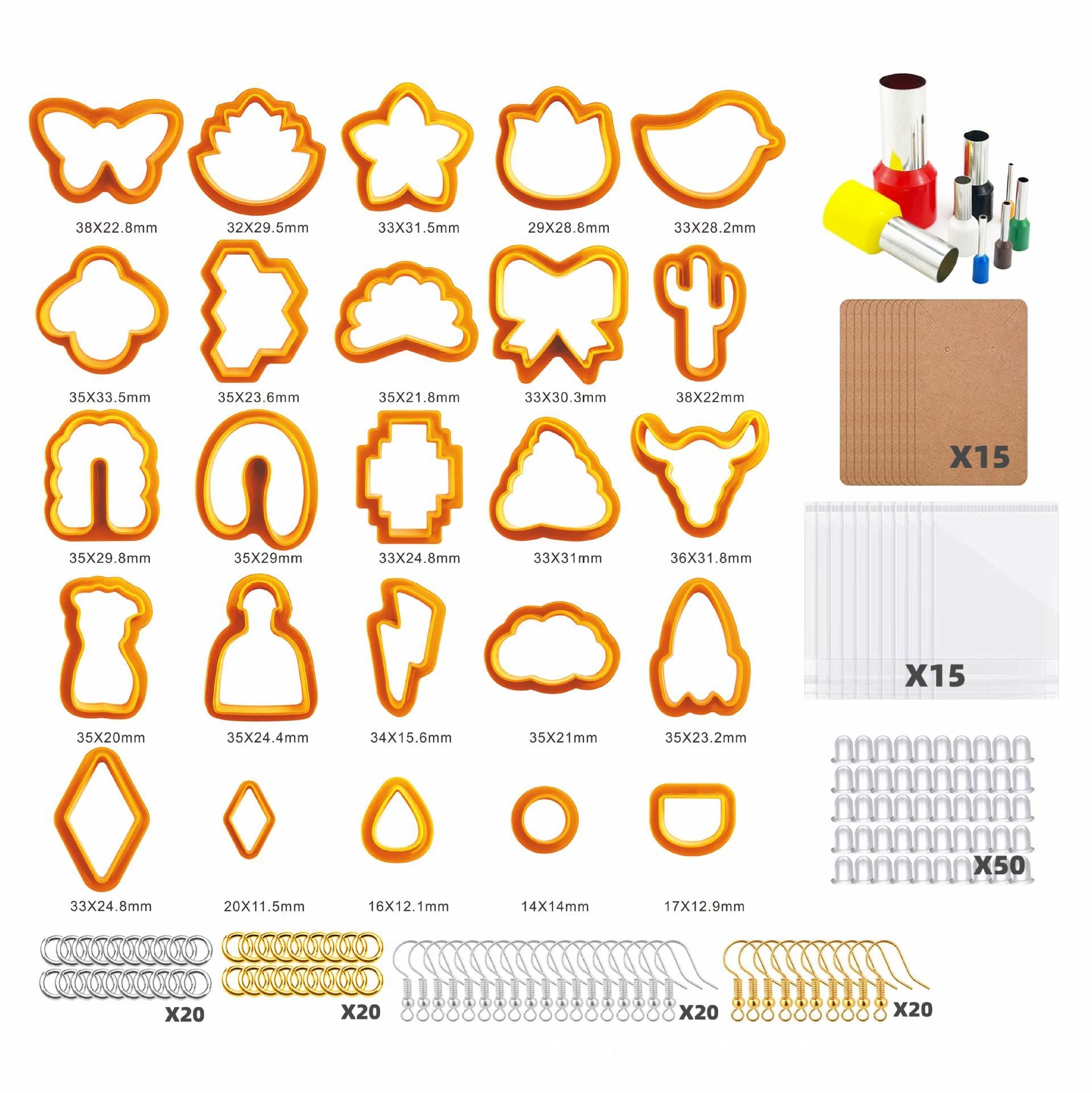 Arts And More Cutter Mold Set with various orange craft shapes and accessory tools for DIY projects
