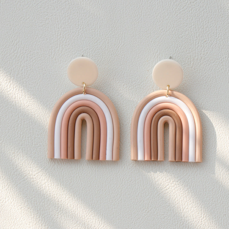 Rainbow Polymer Clay Earrings in soft neutral tones with an arch design by Arts And More