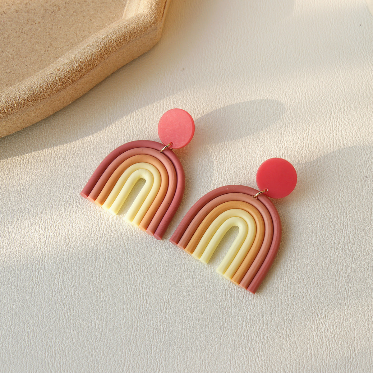 Rainbow Polymer Clay Earrings in soft pink and cream tones with round pink studs for stylish decorations