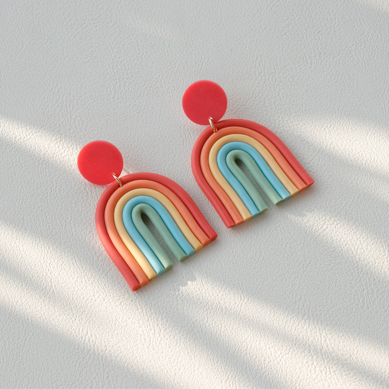 Arts And More Rainbow Polymer Clay Earrings with layered pastel colors and round red studs