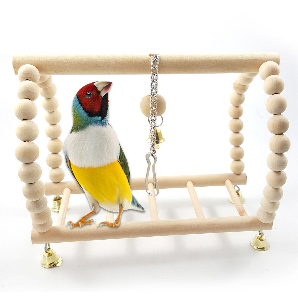 Bird toy with hanging wooden round beads and small bells for pet bird entertainment