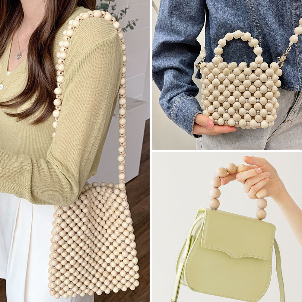 Handcrafted handbags made with natural Wooden Round Beads featuring different strap styles and sizes