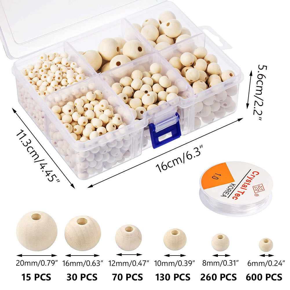 Arts And More wooden round beads assortments in various sizes stored in a plastic organizer box for craft projects
