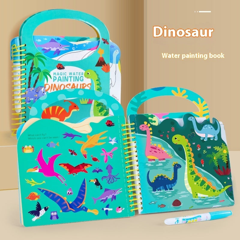 Kids DIY Water-Based Picture Book featuring colorful dinosaur water painting scenes by Arts And More