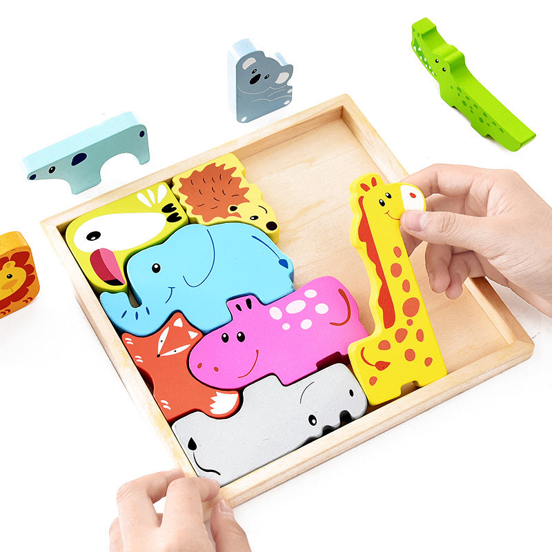 Kids assembling colorful Wooden Animal Puzzle by Arts And More with animal-shaped wooden pieces in a wooden tray