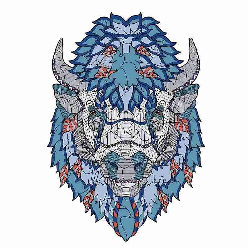 Arts And More Wooden Animal Puzzle featuring a detailed colorful bison head design in blues and reds