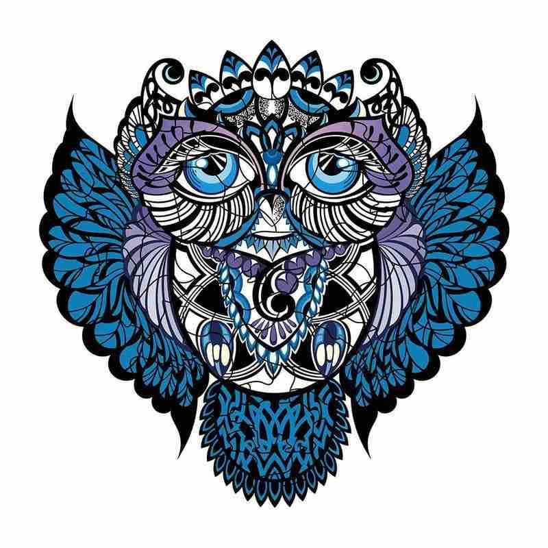 Arts And More Wooden Animal Puzzle featuring a detailed blue and purple owl design with intricate patterns