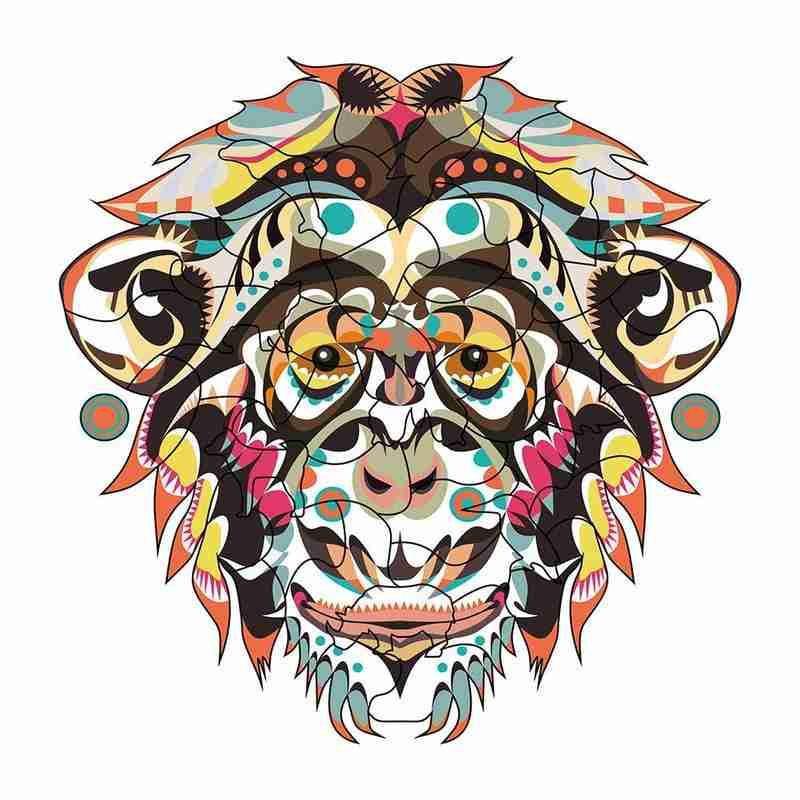 Colorful intricate wooden animal puzzle in the shape of an artistic monkey face from Arts And More