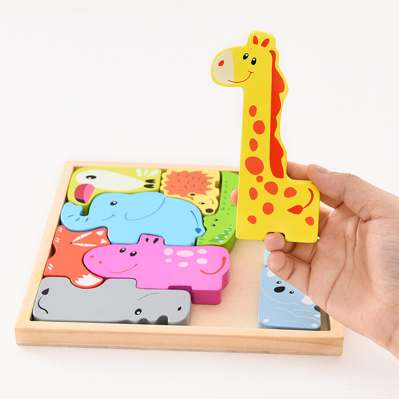 Arts And More Kids’ Wooden Animal Puzzle featuring colorful hand-held giraffe piece and other animal shapes in wooden tray