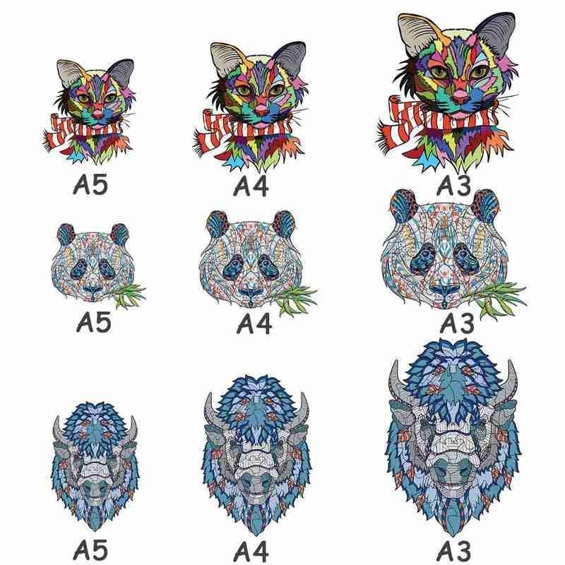 Arts And More Wooden Animal Puzzle set featuring colorful cat, panda, and bison designs in A3, A4, and A5 sizes