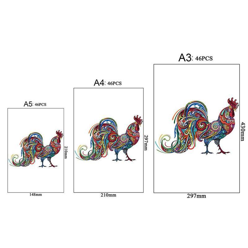 Arts And More colorful Wooden Animal Puzzle featuring a detailed rooster design in multiple sizes