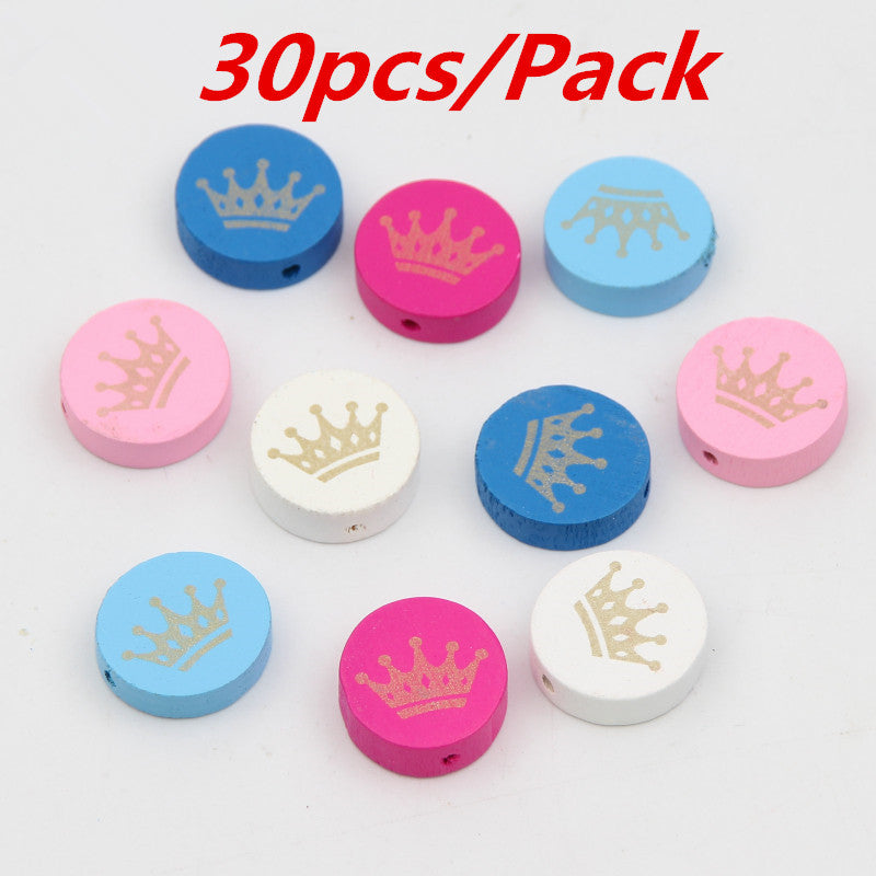 30pcs pack of colorful round beaded materials with crown designs for craft projects