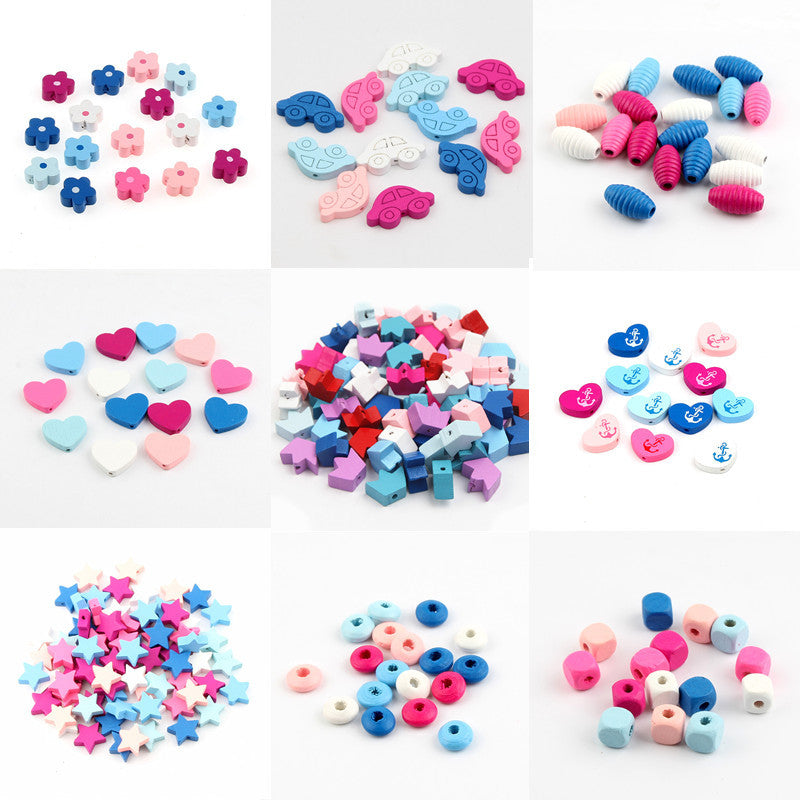 Assorted colorful beaded materials shaped like flowers, cars, hearts, stars, and geometric beads for crafting