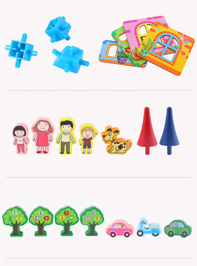 Kids DIY Kits with colorful Wooden Building Blocks Set, featuring various shapes and playful characters