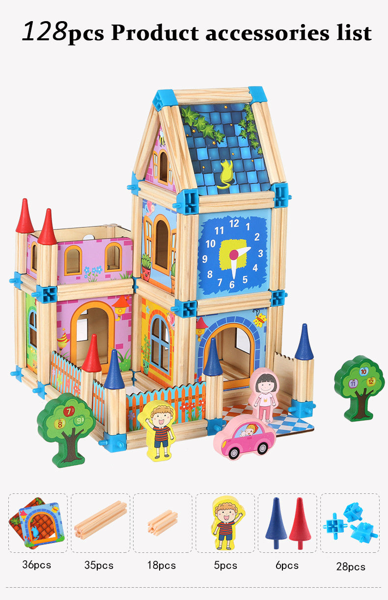 Colorful Kids DIY Wooden Building Blocks Set for Creative Play with 128 pieces including characters and accessories