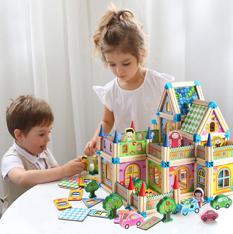 Kids engaging with Arts And More Wooden Building Blocks Set to create imaginative structures