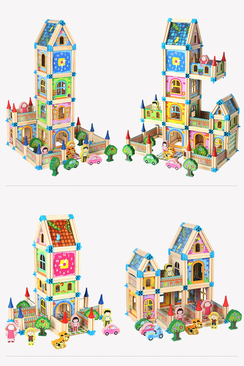 Colorful Wooden Building Blocks Set for Kids featuring a castle with trees and toy cars