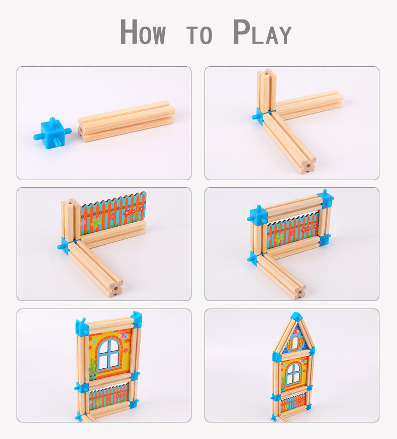 Instructions for Kids DIY Wooden Building Blocks Set with colorful connectors and various building designs
