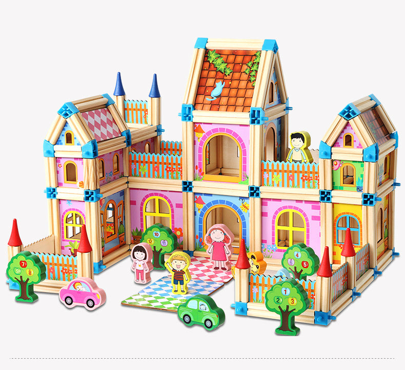 Kids DIY Wooden Building Blocks Set for Creative Play with Colorful Forts and Characters