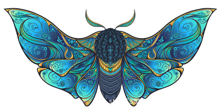 Detailed blue and teal artistic design of a wooden butterfly with intricate patterns and swirls