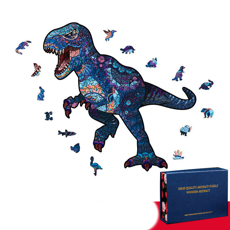 Arts And More wooden dinosaur puzzle featuring a colorful blue T-Rex design with detailed pieces and box
