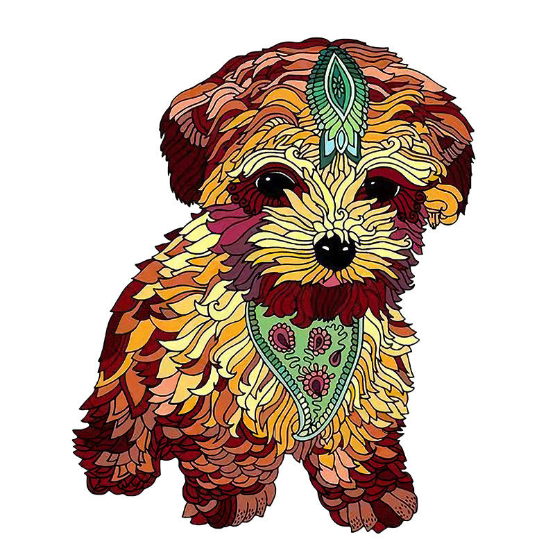 Colorful intricate wooden dog animal puzzle with detailed artistic design from Arts And More arts and crafts kits