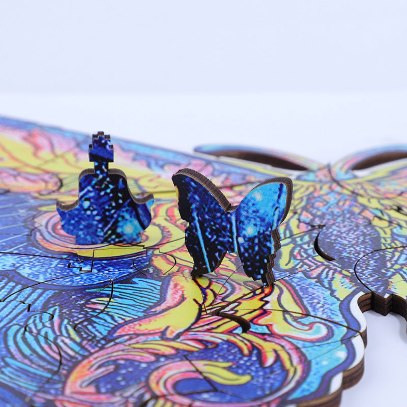 Arts And More Wooden Dog Animal Puzzle featuring blue butterfly pieces on colorful detailed wooden board