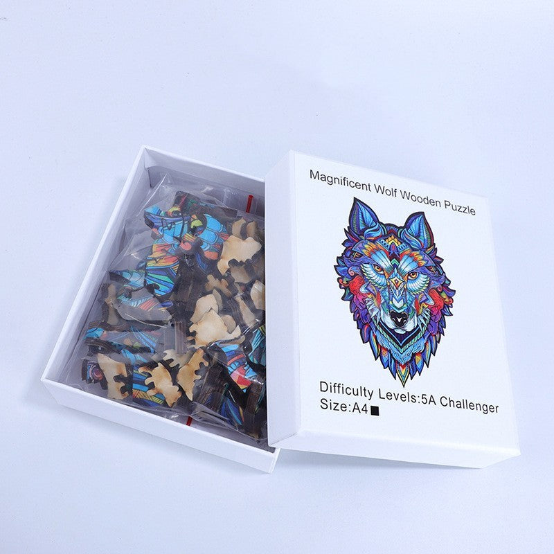 Arts And More Wooden Dog Animal Puzzle kit with colorful wolf design puzzle pieces in box
