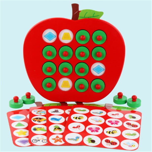 Arts And More wooden party game shaped like a red apple with colorful shape pegs and illustrated cards