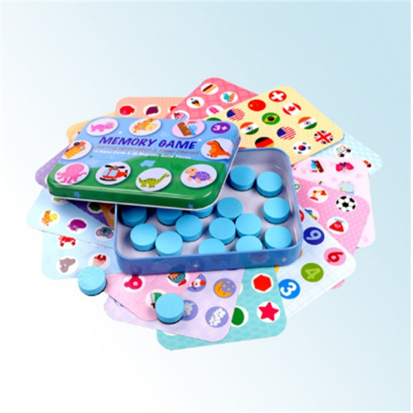 Arts And More Wooden Party Game memory kit with colorful cards and blue game pieces
