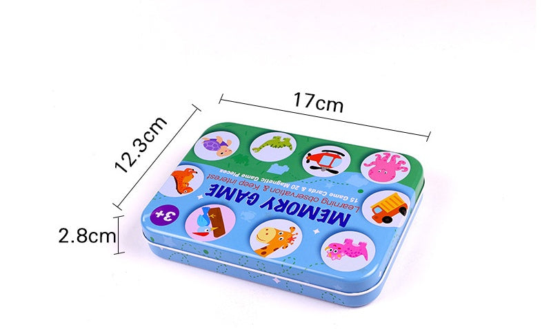 Arts And More wooden party game memory kit with animal illustrations in a blue tin box